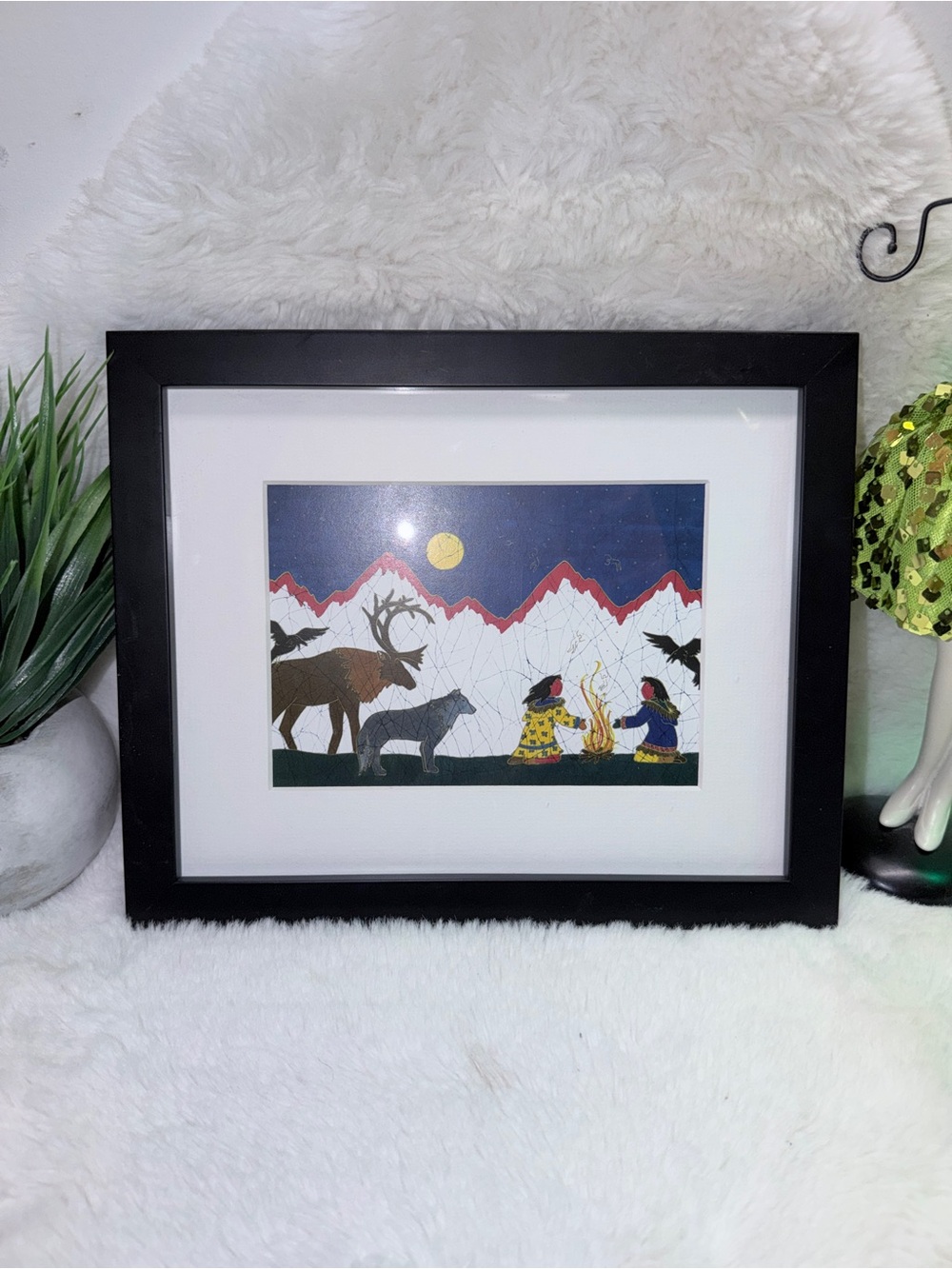 Signed Hand Crafted Art Framed Indigenous Style Mountain Scene Navy, Red, White